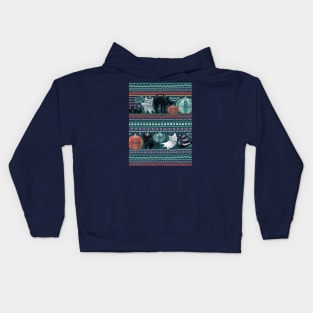 Embroidery Halloween // black cats orange aqua and teal pumpkins white ghosts and purple stitches on green background Kids Hoodie